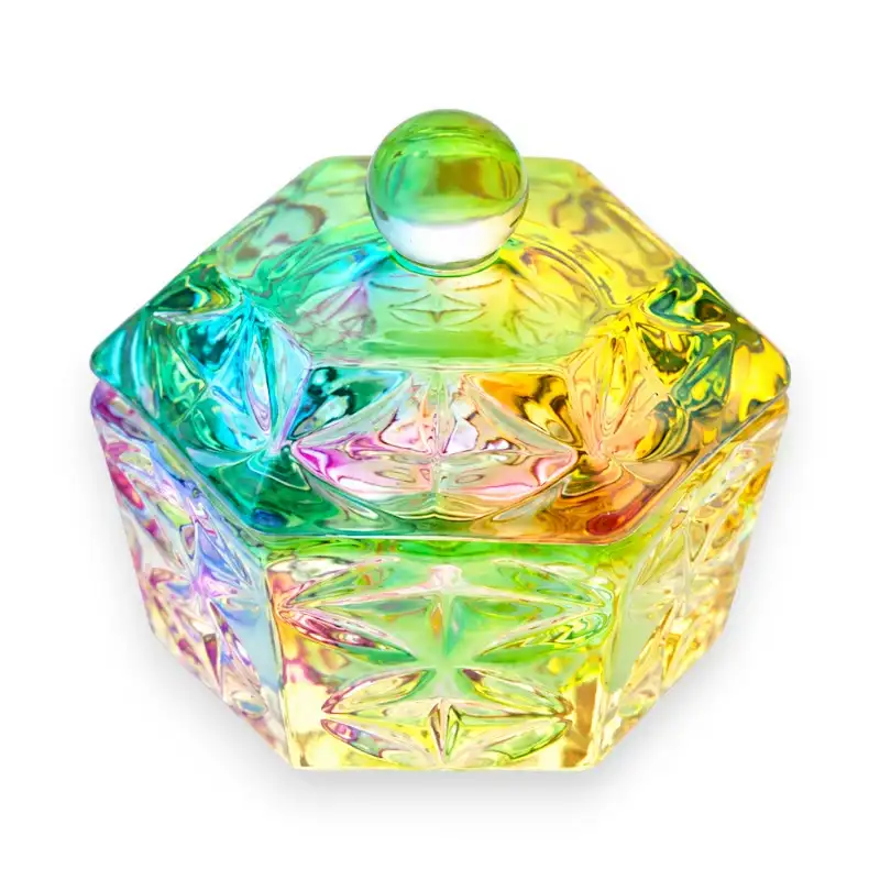 faceted-hexagonal-rainbow-glass-dappen-dish گوده شیشهای کاشت ناخن مدل شش ضلعی تراشخورده | طرح رینبو (هفت رنگ)